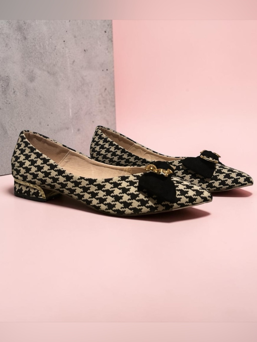 SHEIN Black & Cream Houndstooth Pointed Toe Flats with Bow